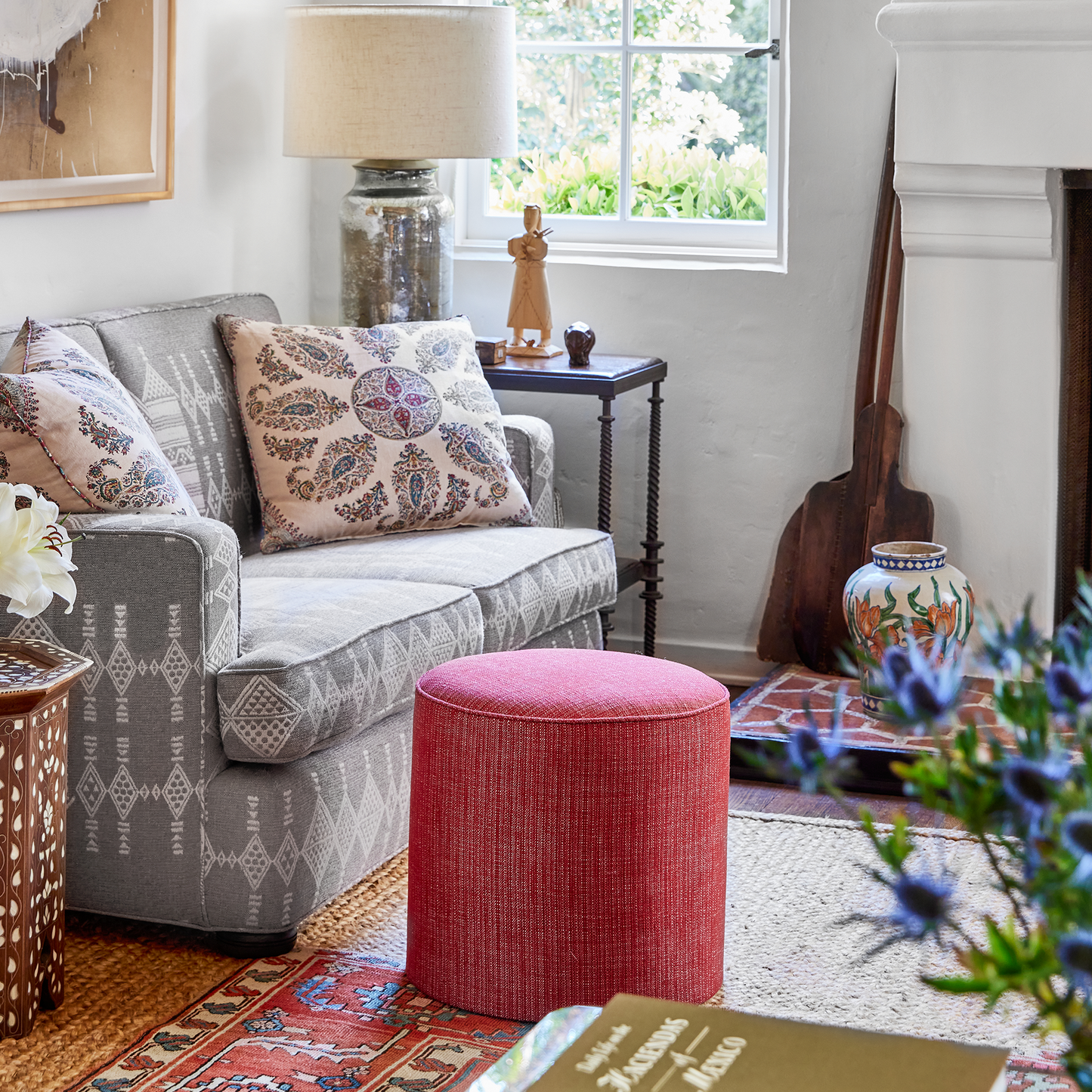 Pouf d'intérieur/extérieur en toile tissée rose Peter Dunham Textiles