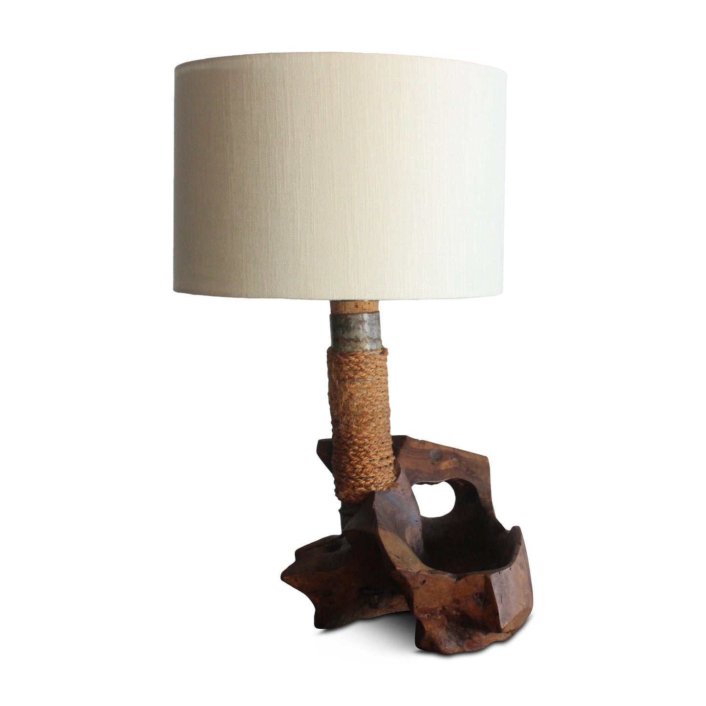 Lampe de table en bois d'olivier et corde, fabriquée en studio, France, années 1960