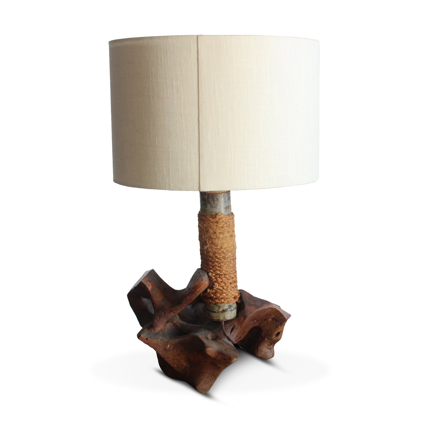 Lampe de table en bois d'olivier et corde, fabriquée en studio, France, années 1960
