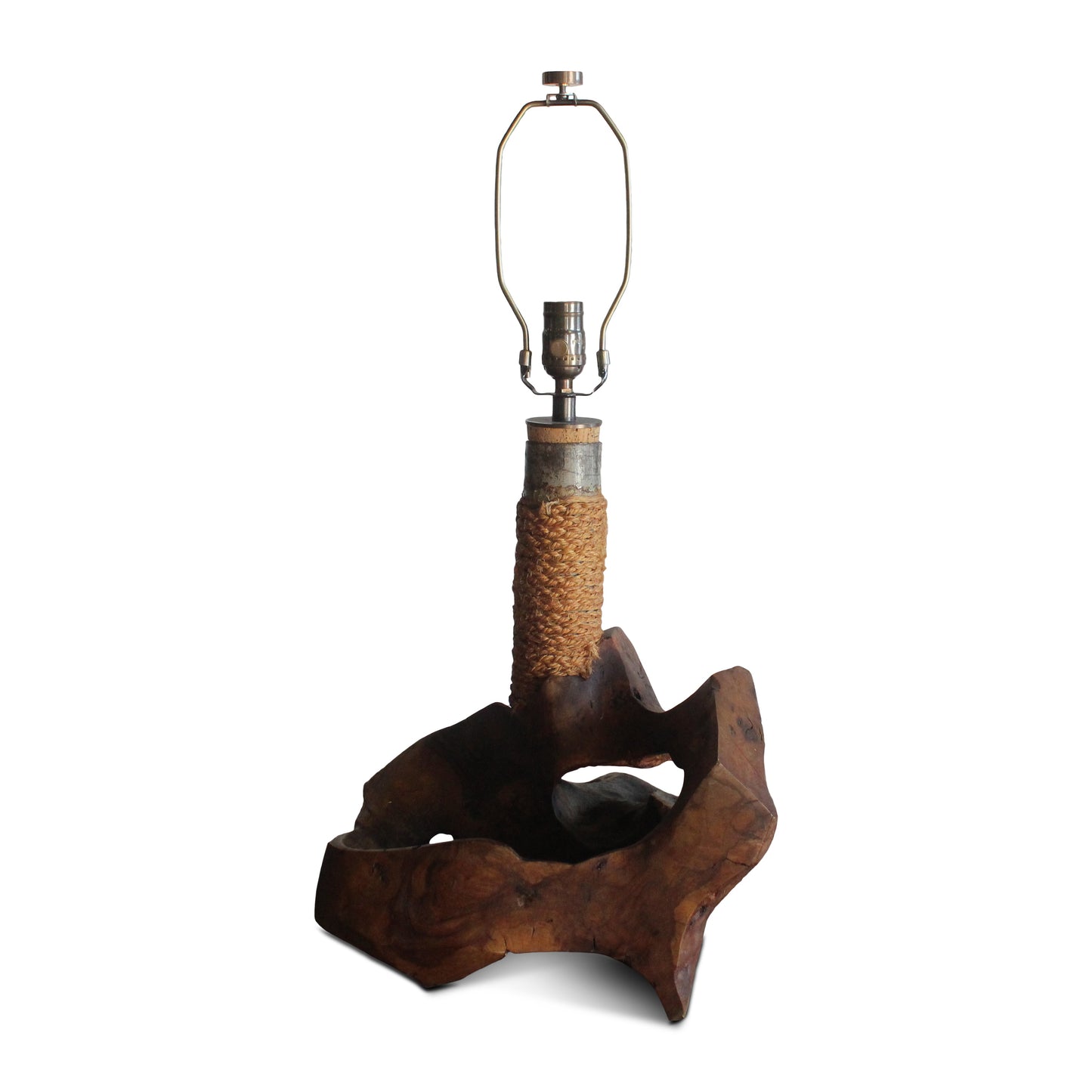 Lampe de table en bois d'olivier et corde, fabriquée en studio, France, années 1960