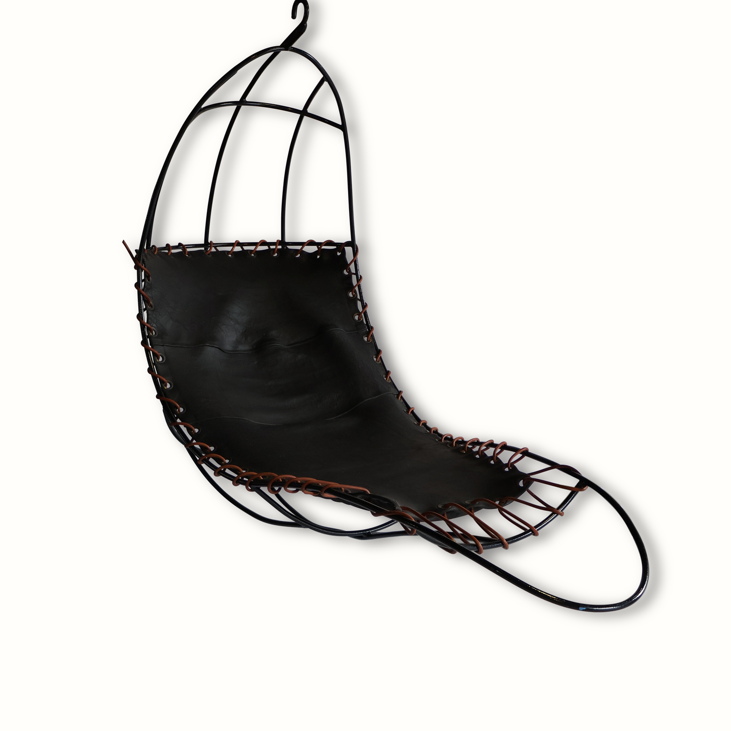 Chaise suspendue en fer et cuir par Rupert Oliver, années 1960
