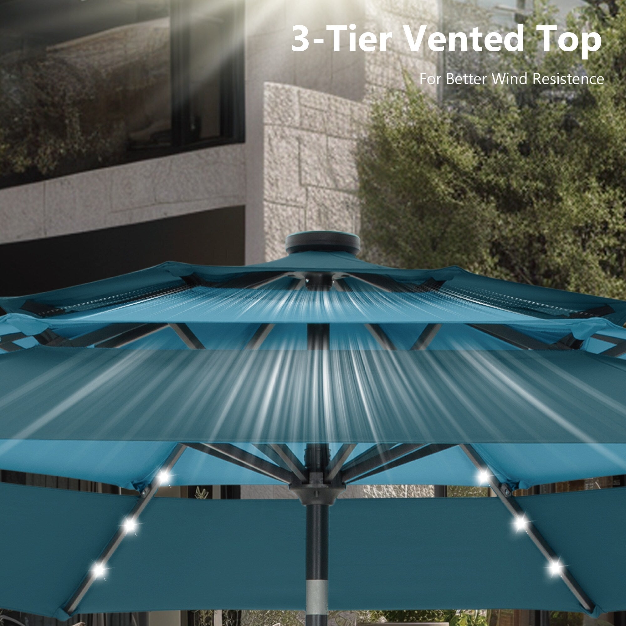 Parasol de terrasse inclinable à 3 niveaux de 10 pieds de MAISON ARTS, parasol d'extérieur à double ventilation avec lumières LED