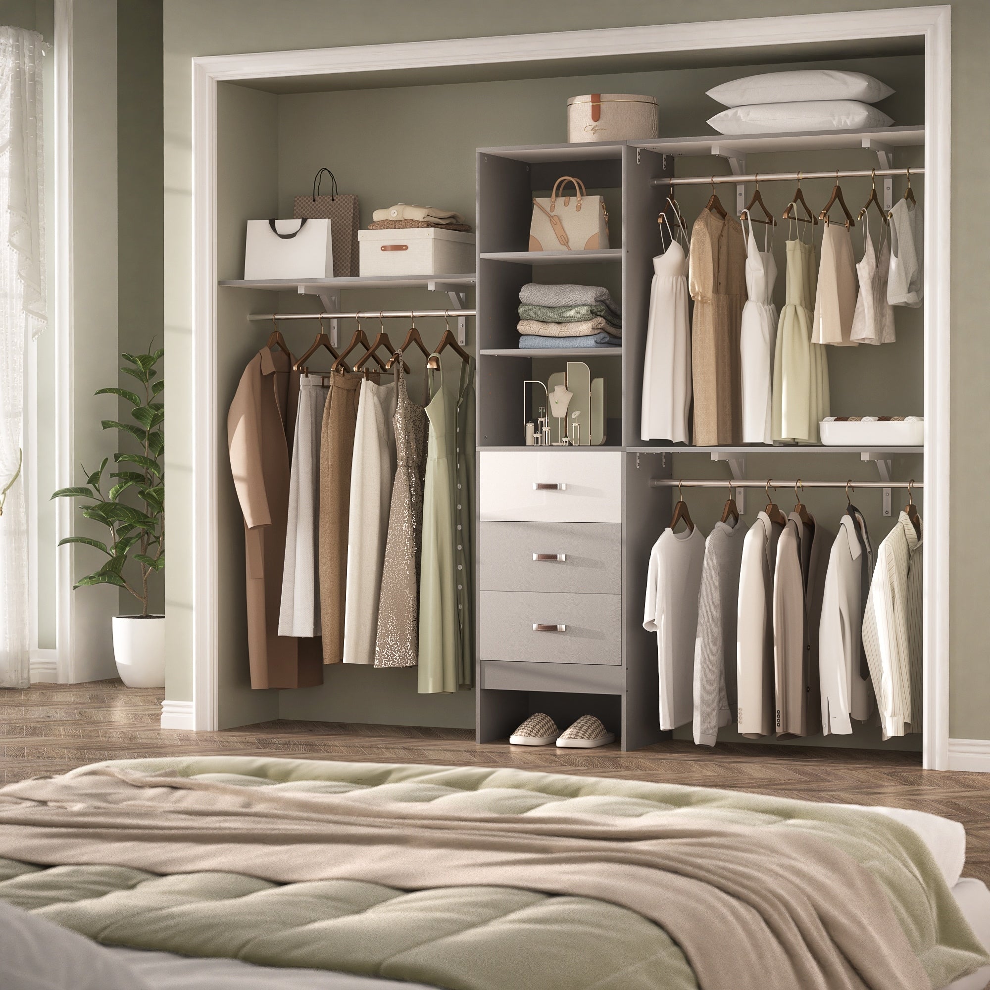 Rackcog Organiseur de placard réglable de 120 pouces avec tiroirs, système de placard avec étagères de bricolage pour placards et dressings