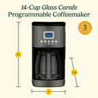 Cafetière programmable 14 tasses, carafe en verre, réglage de l'intensité de l'infusion, réglage de 1 à 4 tasses, acier inoxydable noir