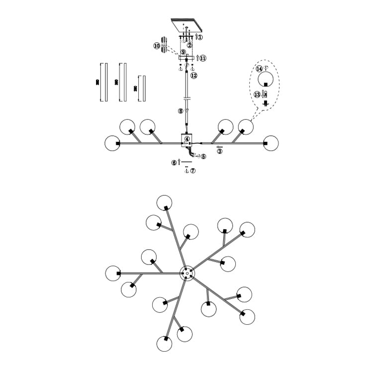 Lustre linéaire moderne à 15 lumières pour îlot de cuisine Sputnik avec branches en verre et bulles