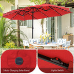 Parasol de marché extérieur rectangulaire à manivelle double face de 15 pieds, parasol de patio éclairé par LED solaire avec base incluse