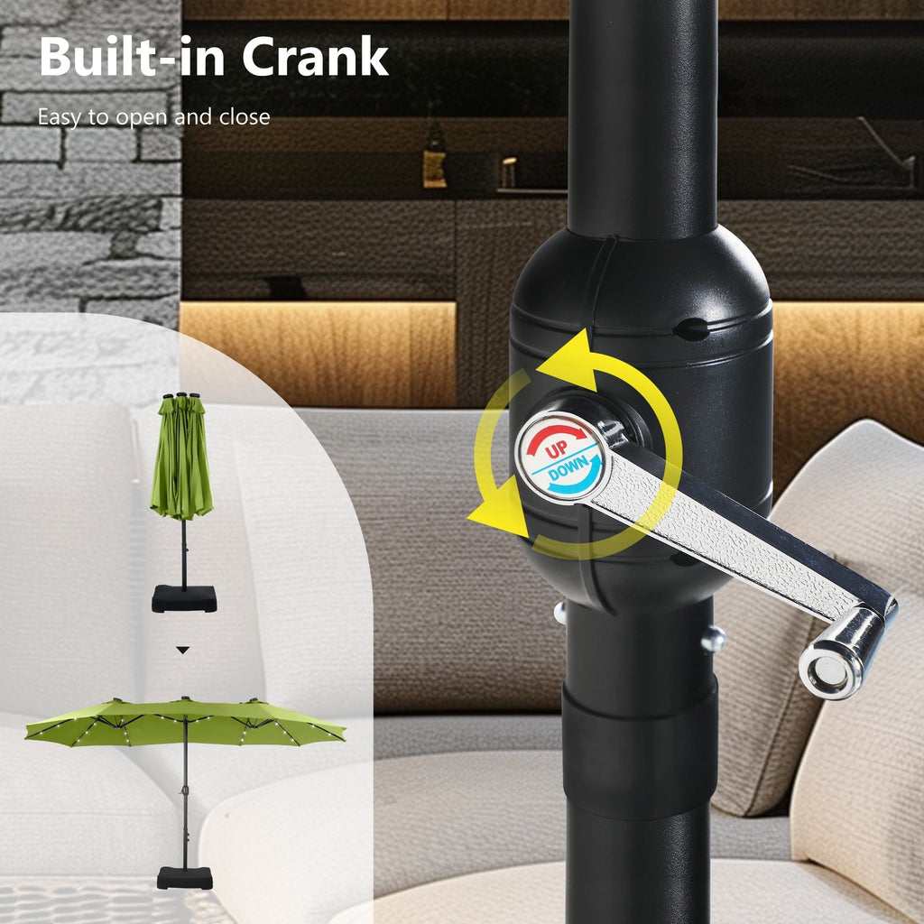 MAISON ARTS Parasol de marché extérieur rectangulaire à manivelle double face de 15 pieds Parasol de patio éclairé par LED solaire avec base incluse