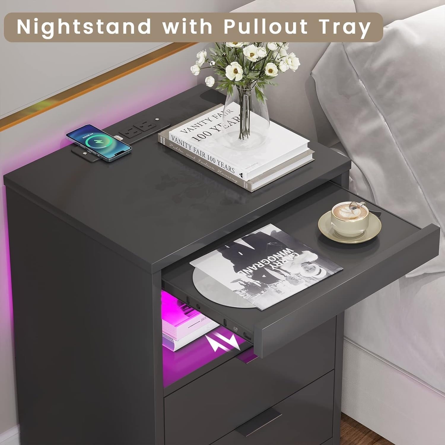 2 Drawers LED Nightstand Wireless Charging Station Pull-Out Shelf