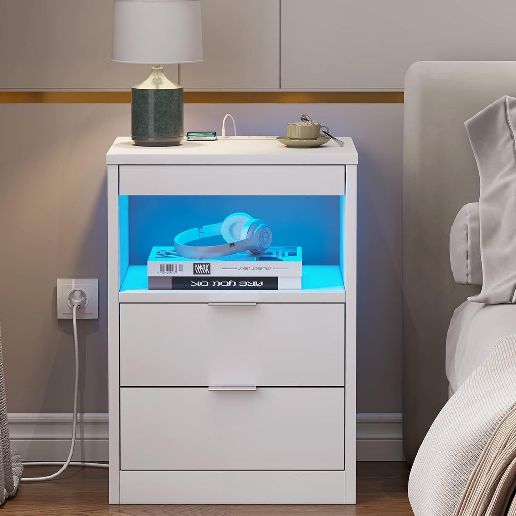 2 Drawers LED Nightstand Wireless Charging Station Pull-Out Shelf