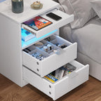 2 Drawers LED Nightstand Wireless Charging Station Pull-Out Shelf