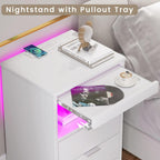 2 Drawers LED Nightstand Wireless Charging Station Pull-Out Shelf