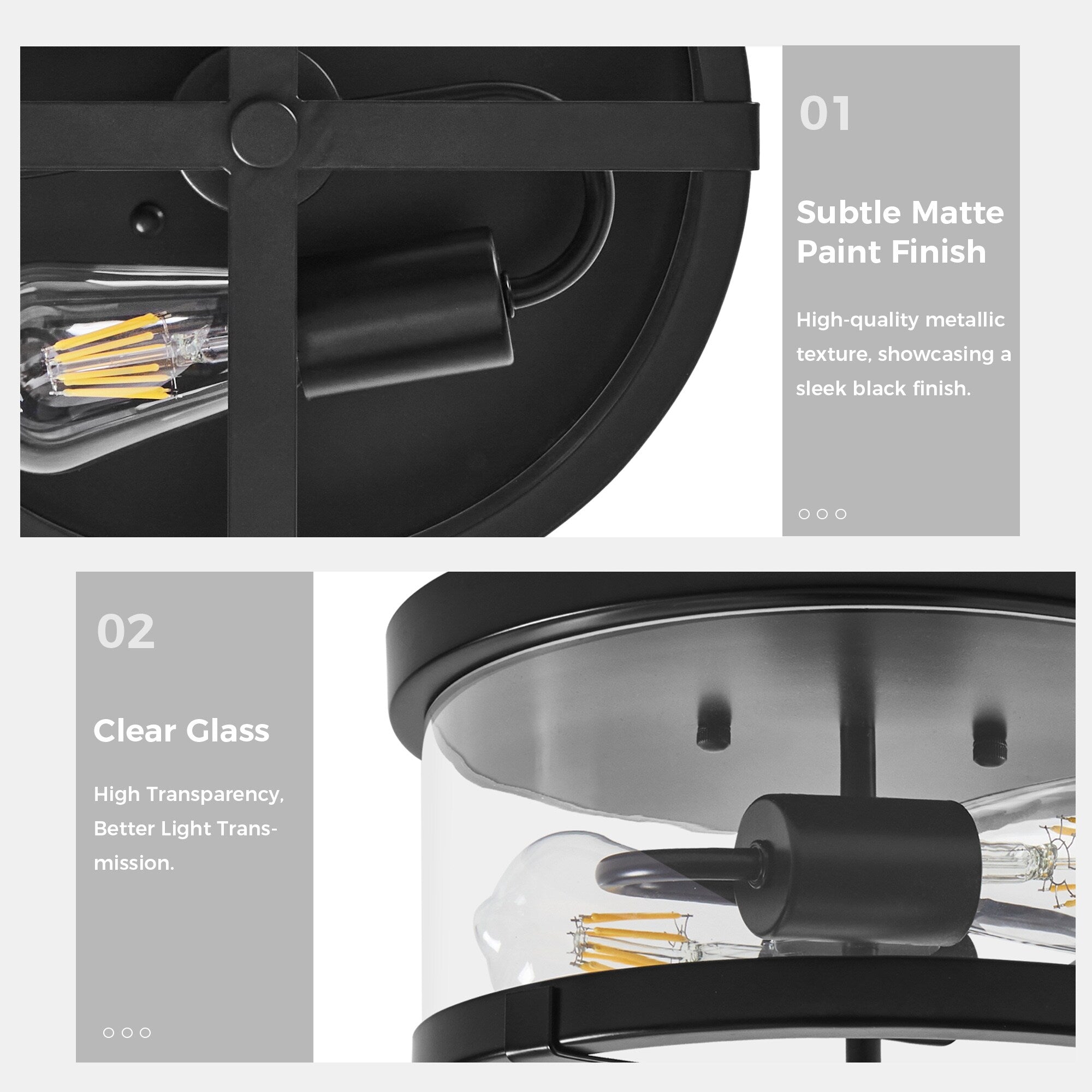 2-Light Flush Mount Clear Glass Ceiling Light with Metal Frame