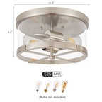 2-Light Flush Mount Clear Glass Ceiling Light with Metal Frame