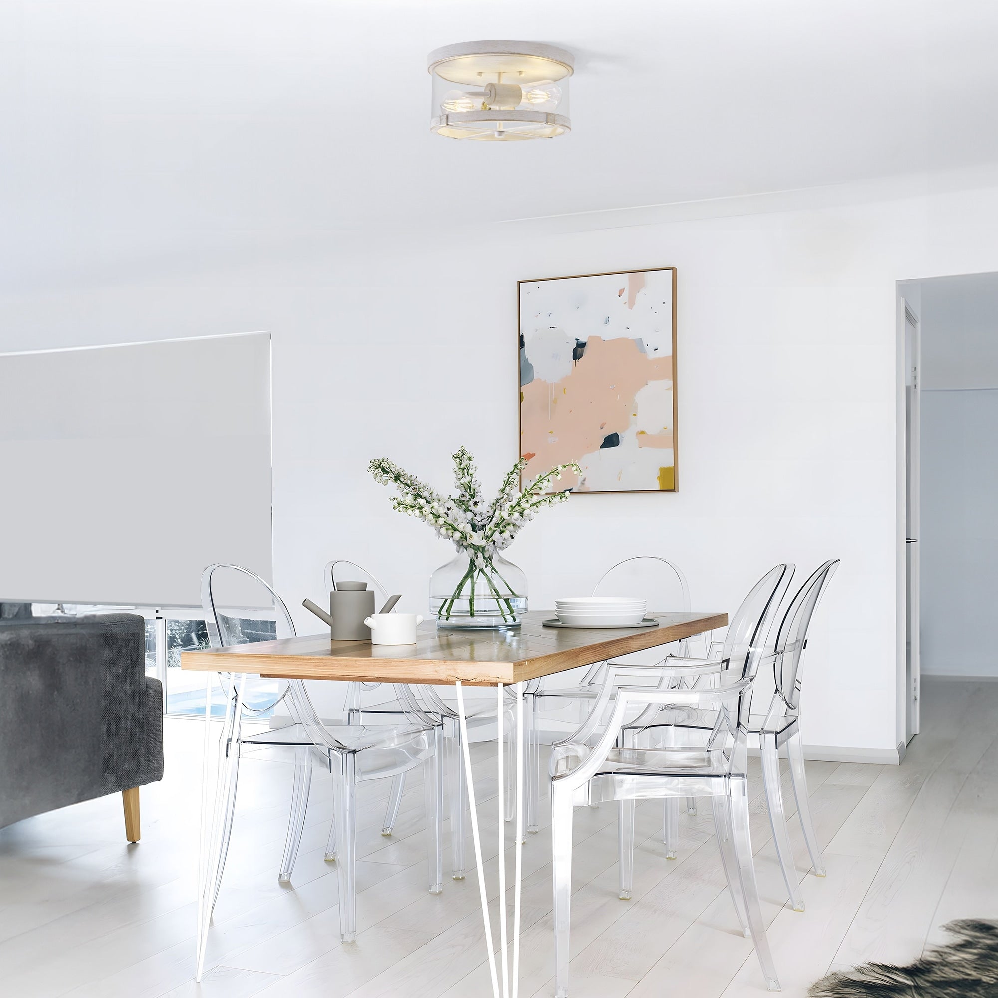 2-Light Flush Mount Clear Glass Ceiling Light with Metal Frame