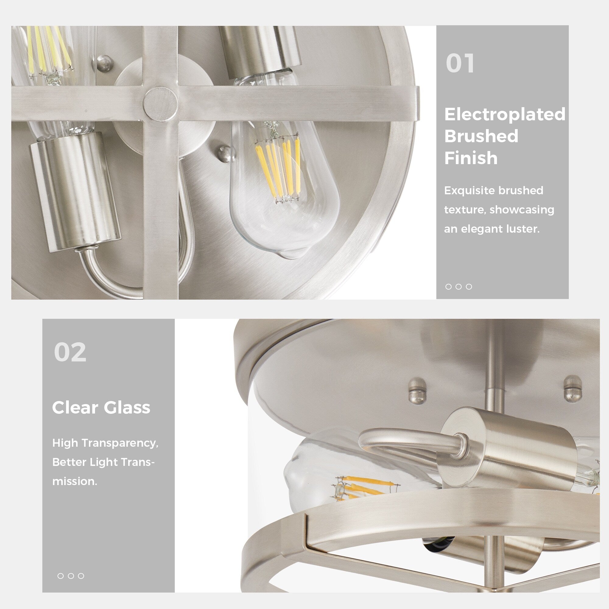 2-Light Flush Mount Clear Glass Ceiling Light with Metal Frame