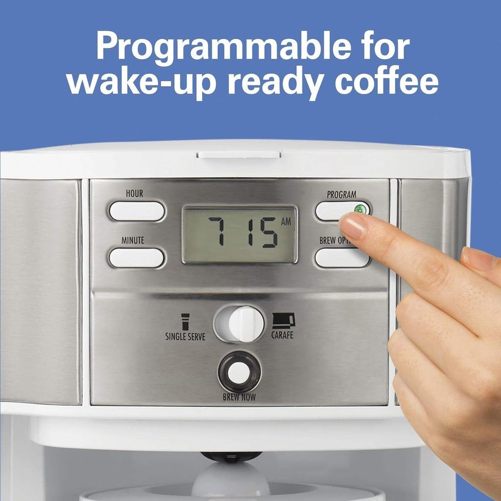 Cafetière 2 voies 12 tasses et doseur individuel, carafe en verre, pause et versement automatiques, blanche