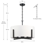 Lustre suspendu noir mat à 4 lumières de 22 po avec abat-jour tambour blanc - 22 W
