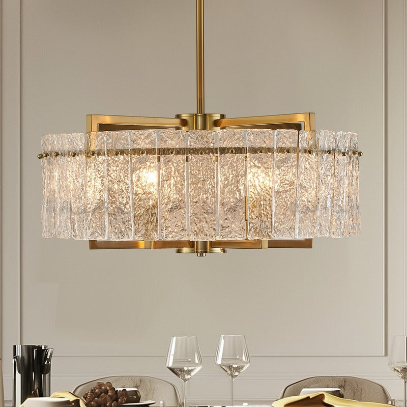 Lustre tambour moderne en cristal doré de 66 cm, 6 lumières, à intensité variable, style glamour, pour îlot de cuisine avec verre dépoli, pour salle à manger