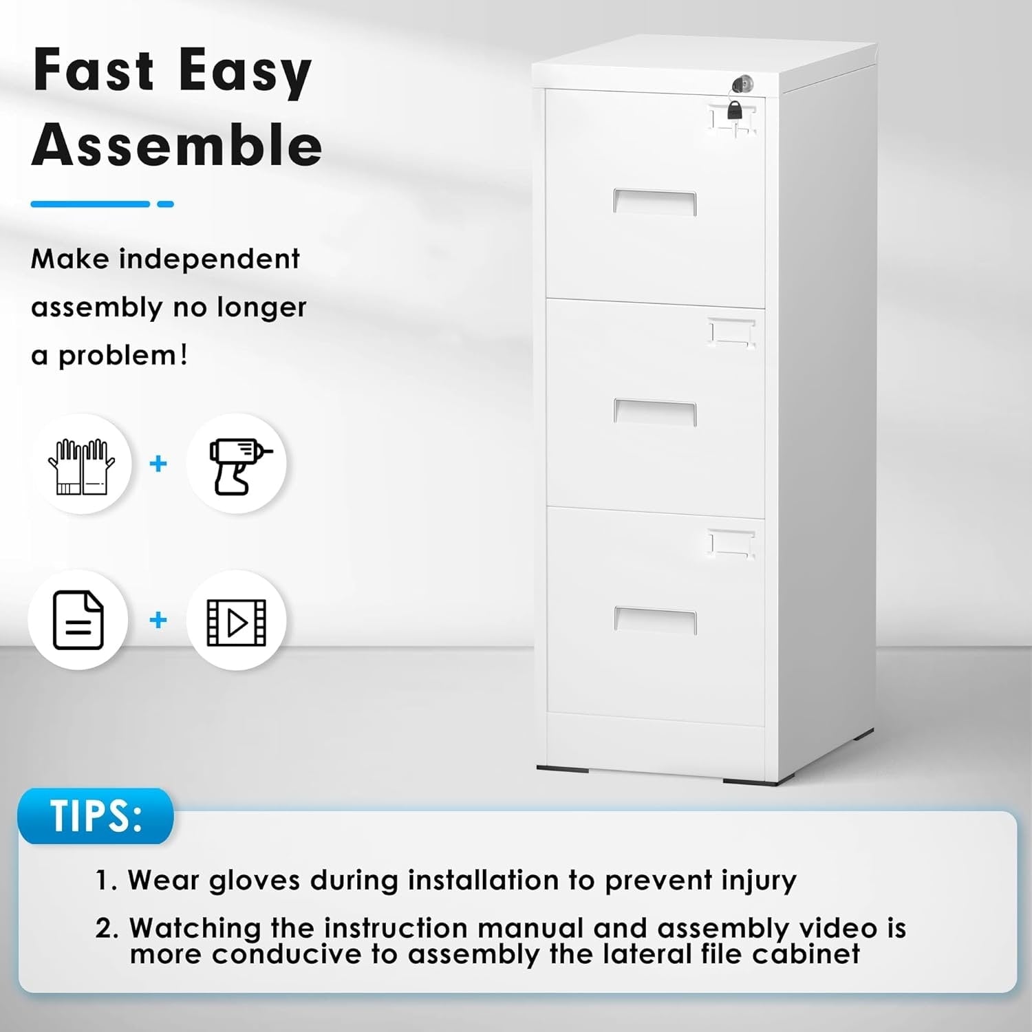 3 Drawer Metal Locking File Cabinet for Home Office, Rolling Cabinet Fully Assembled
