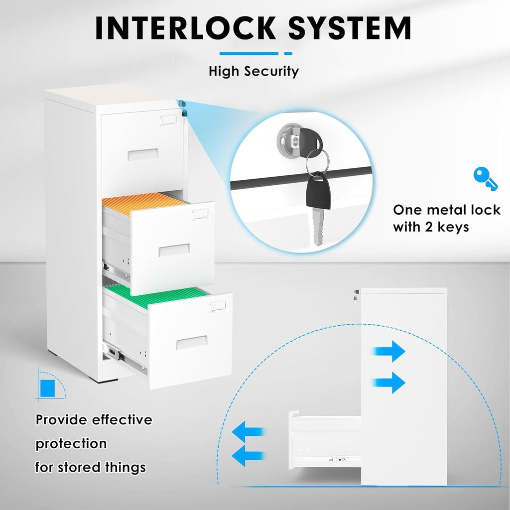 3 Drawer Metal Locking File Cabinet for Home Office, Rolling Cabinet Fully Assembled