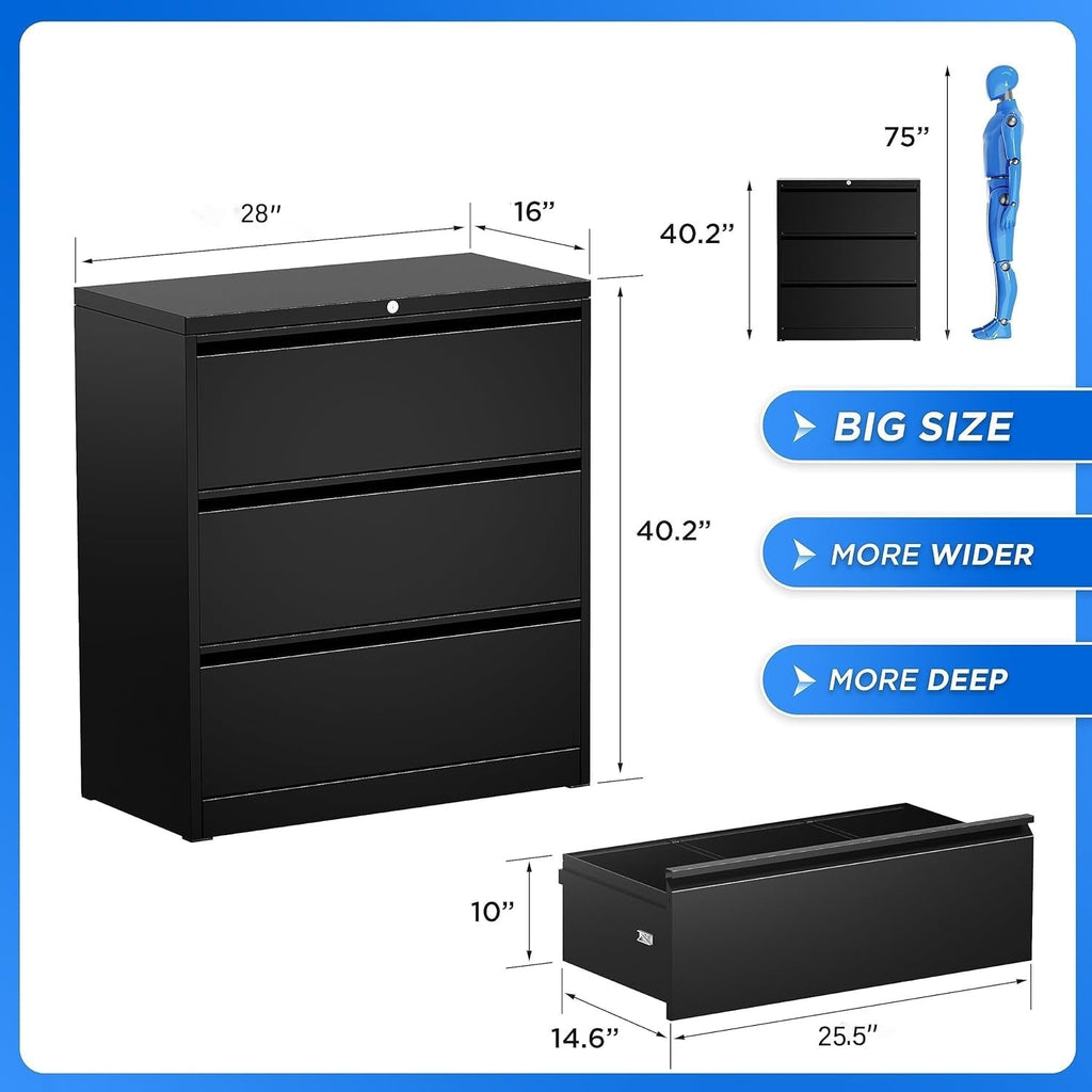 3 Drawer Metal Locking File Cabinet for Home Office, Rolling Cabinet Fully Assembled
