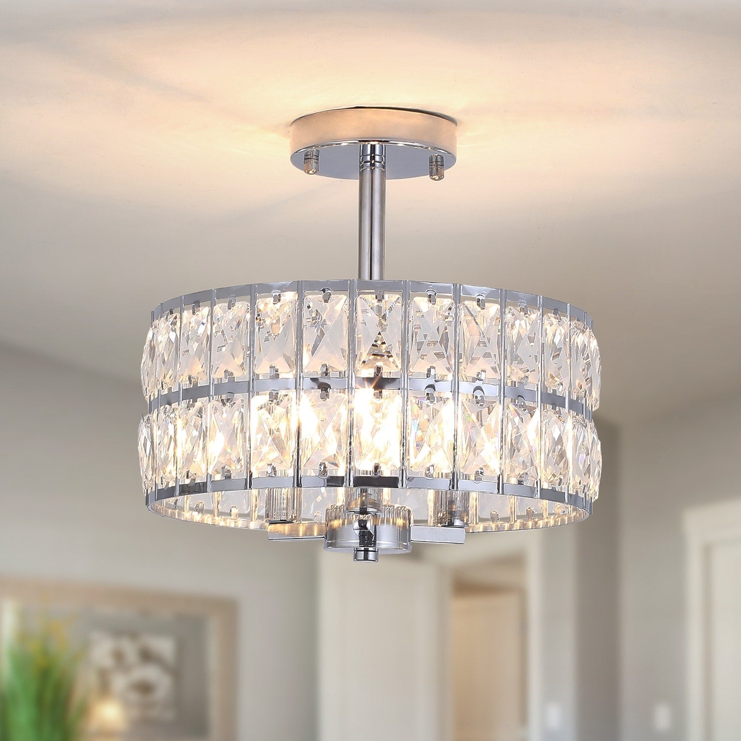 3-Light Crystal Semi Flush Mount Lights for Living Room Hallway