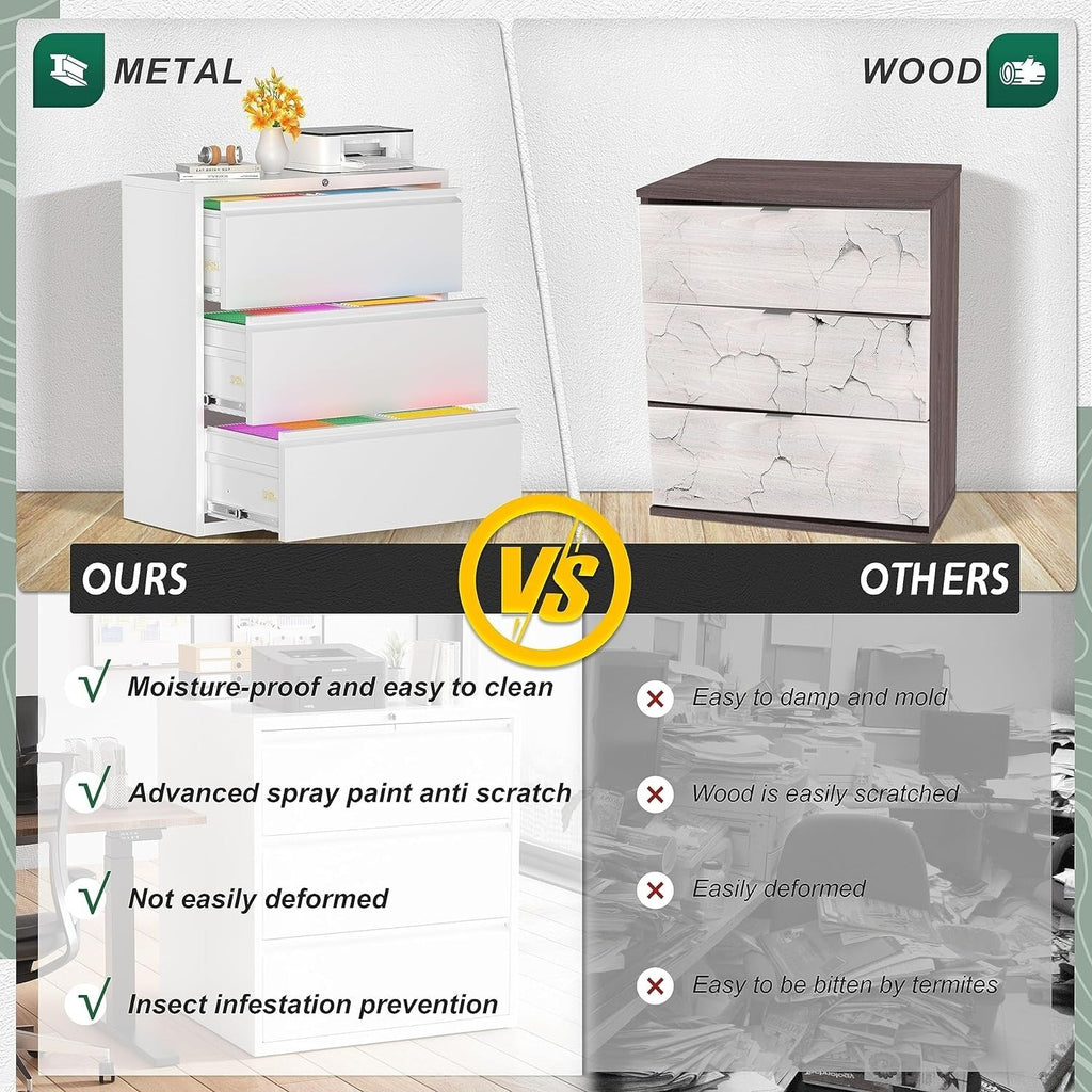 3 Drawer Metal Locking File Cabinet for Home Office, Rolling Cabinet Fully Assembled