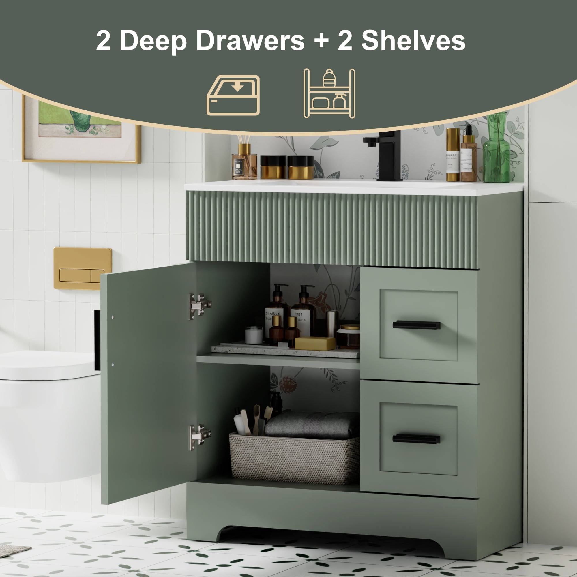 Ensemble de meuble-lavabo Wavy Line 30/36/48 avec lavabo et robinet