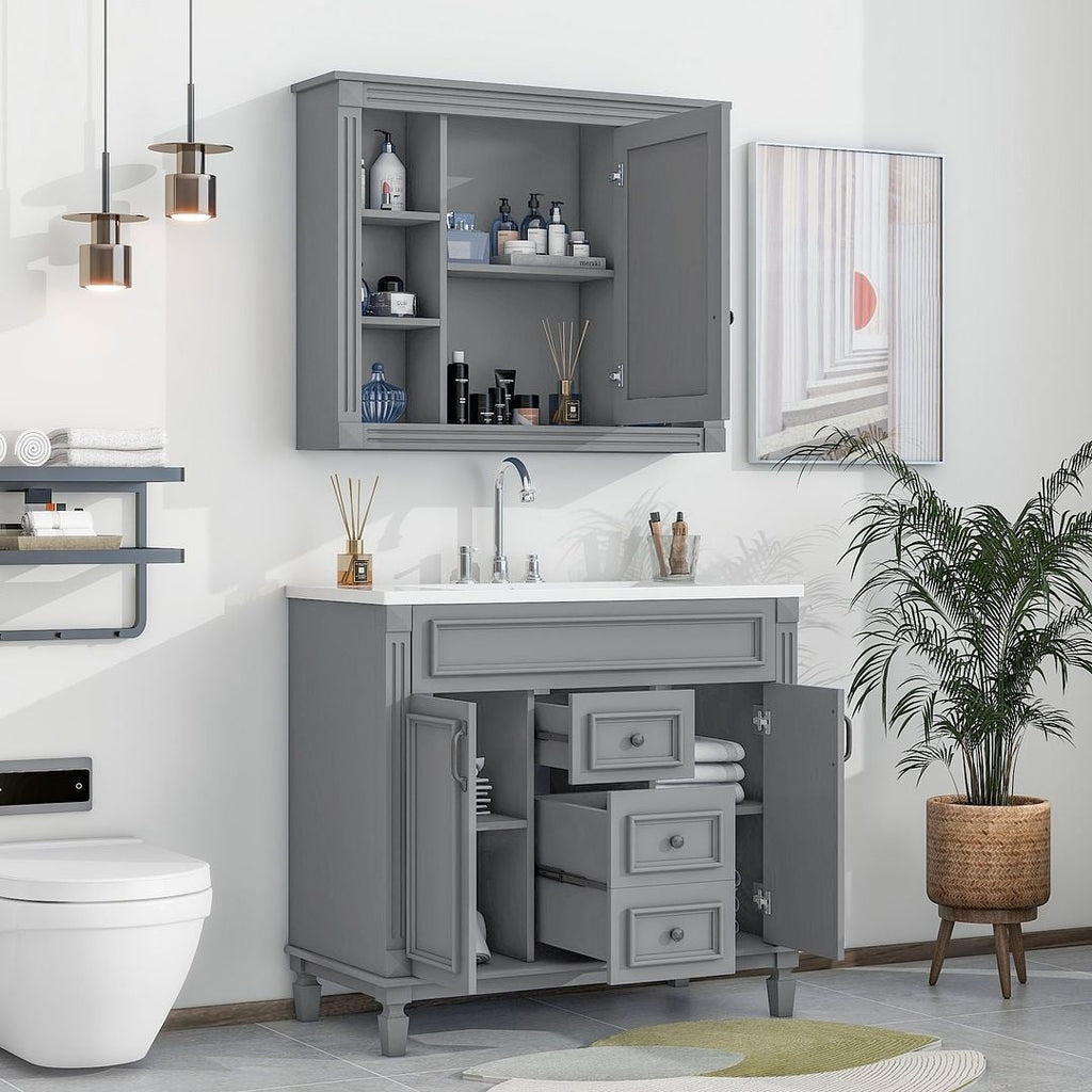 Meuble-lavabo moderne de 36 po avec lavabo supérieur et armoire à miroir, 2 portes et 2 tiroirs
