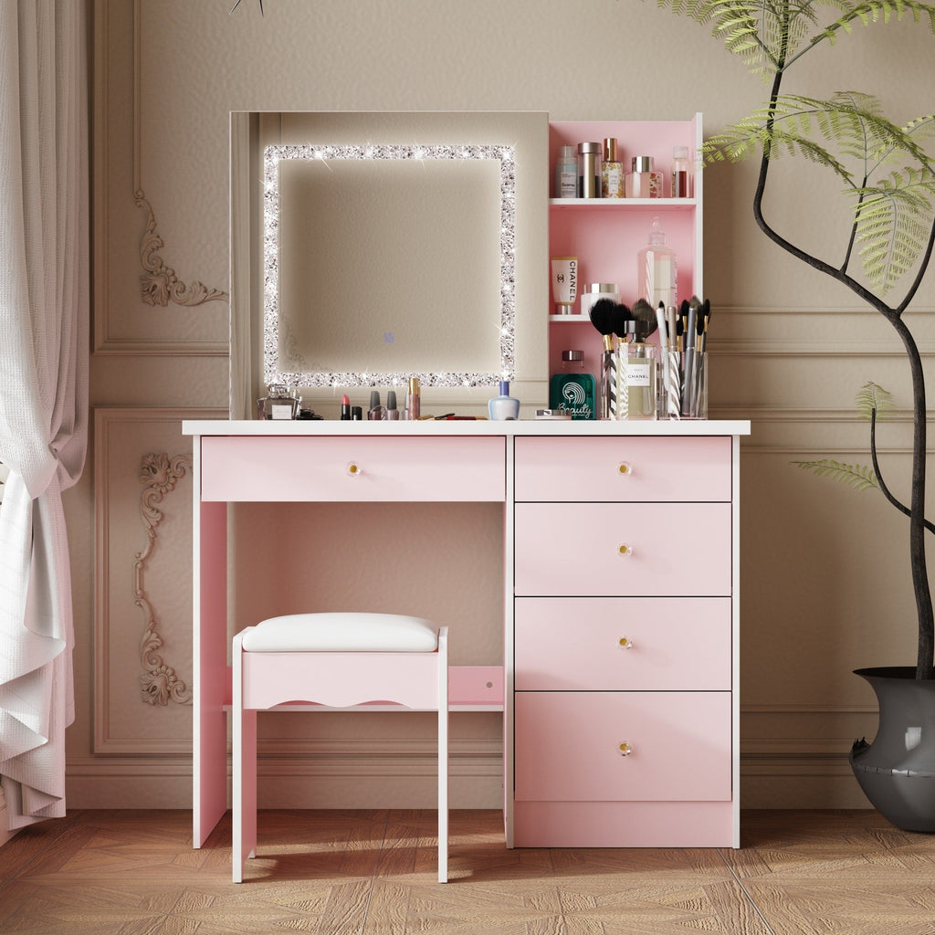 Ensemble de coiffeuse de maquillage de 39,4 po de large avec tabouret et miroir