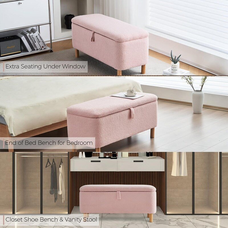 Banc ottoman de rangement en sherpa blanc cassé, repose-pieds, pour salon, chambre à coucher, pieds en bois