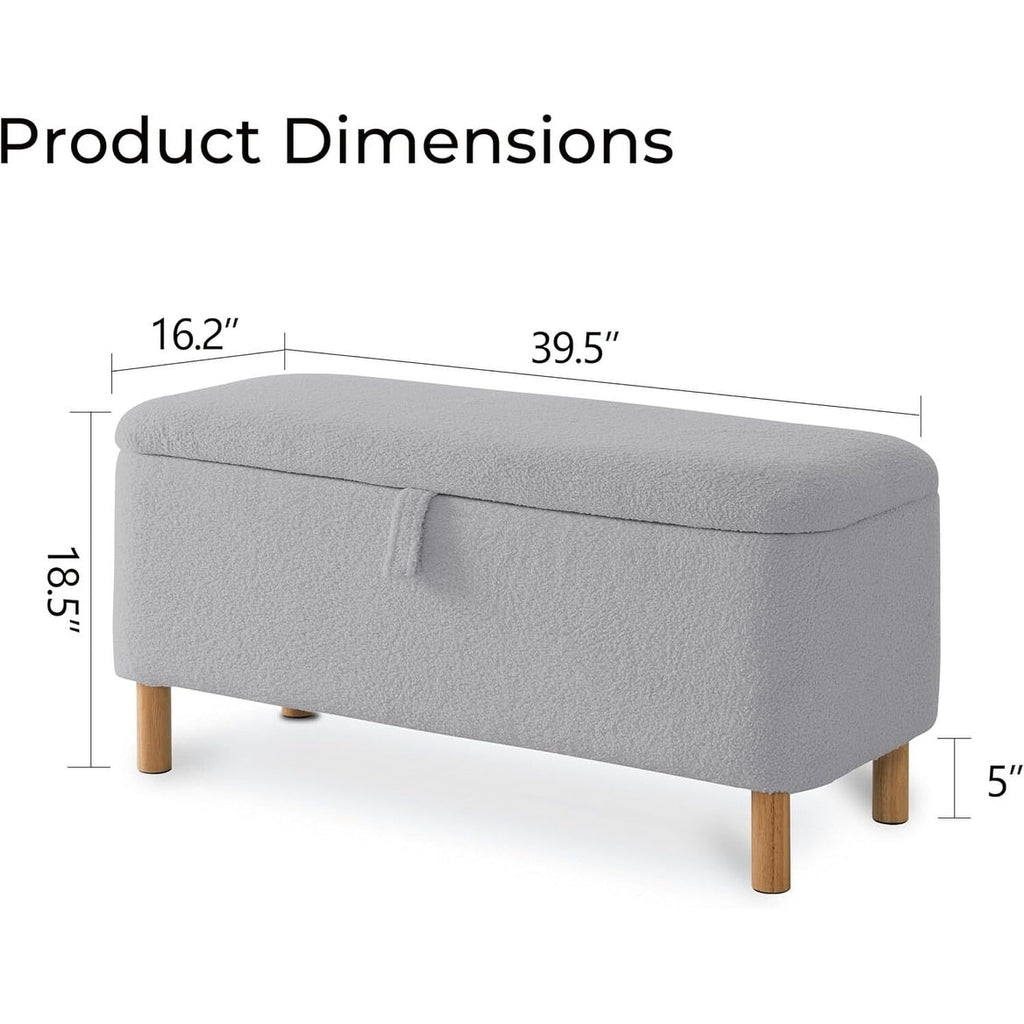 Banc ottoman de rangement en sherpa blanc cassé, repose-pieds, pour salon, chambre à coucher, pieds en bois