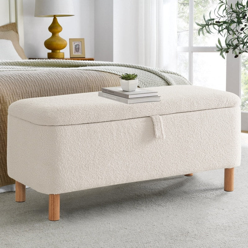 Banc ottoman de rangement en sherpa blanc cassé, repose-pieds, pour salon, chambre à coucher, pieds en bois