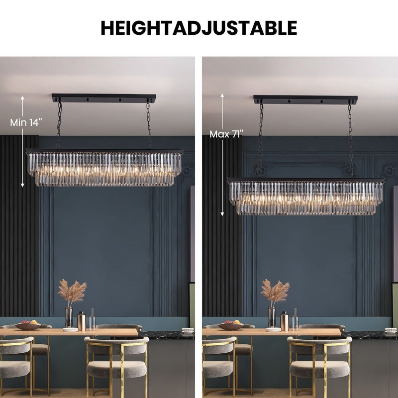 Lustre contemporain en cristal gris fumé et noir de 47 po, luminaire suspendu linéaire à deux niveaux pour îlot de cuisine et salle à manger