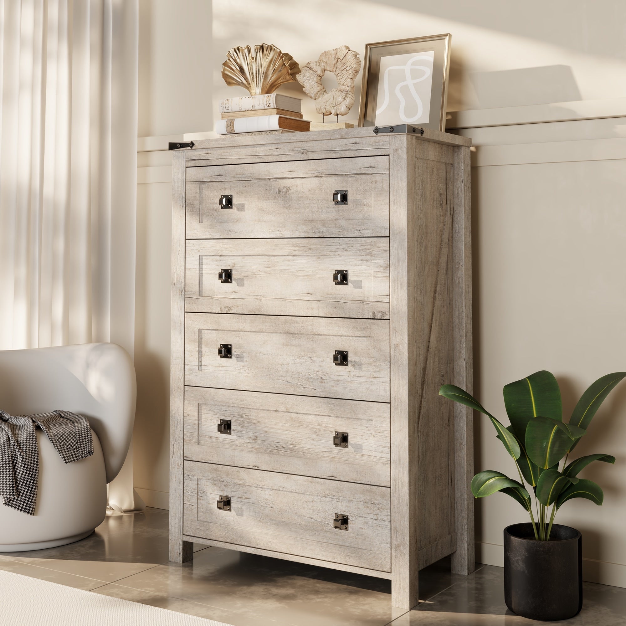 Commode haute en bois à 5 tiroirs de style ferme, commode pour chambre à coucher