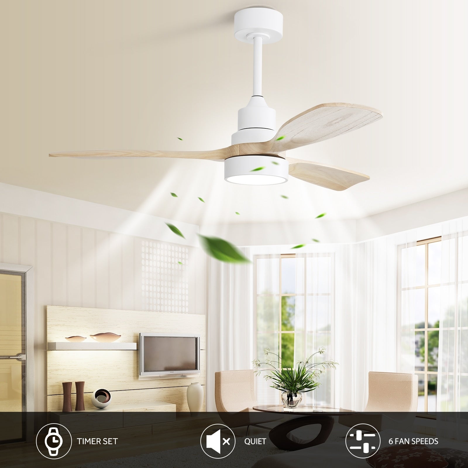 Ventilateur de plafond à LED intégré 48 et 52 pouces avec lumière et télécommande, moteur CC réversible