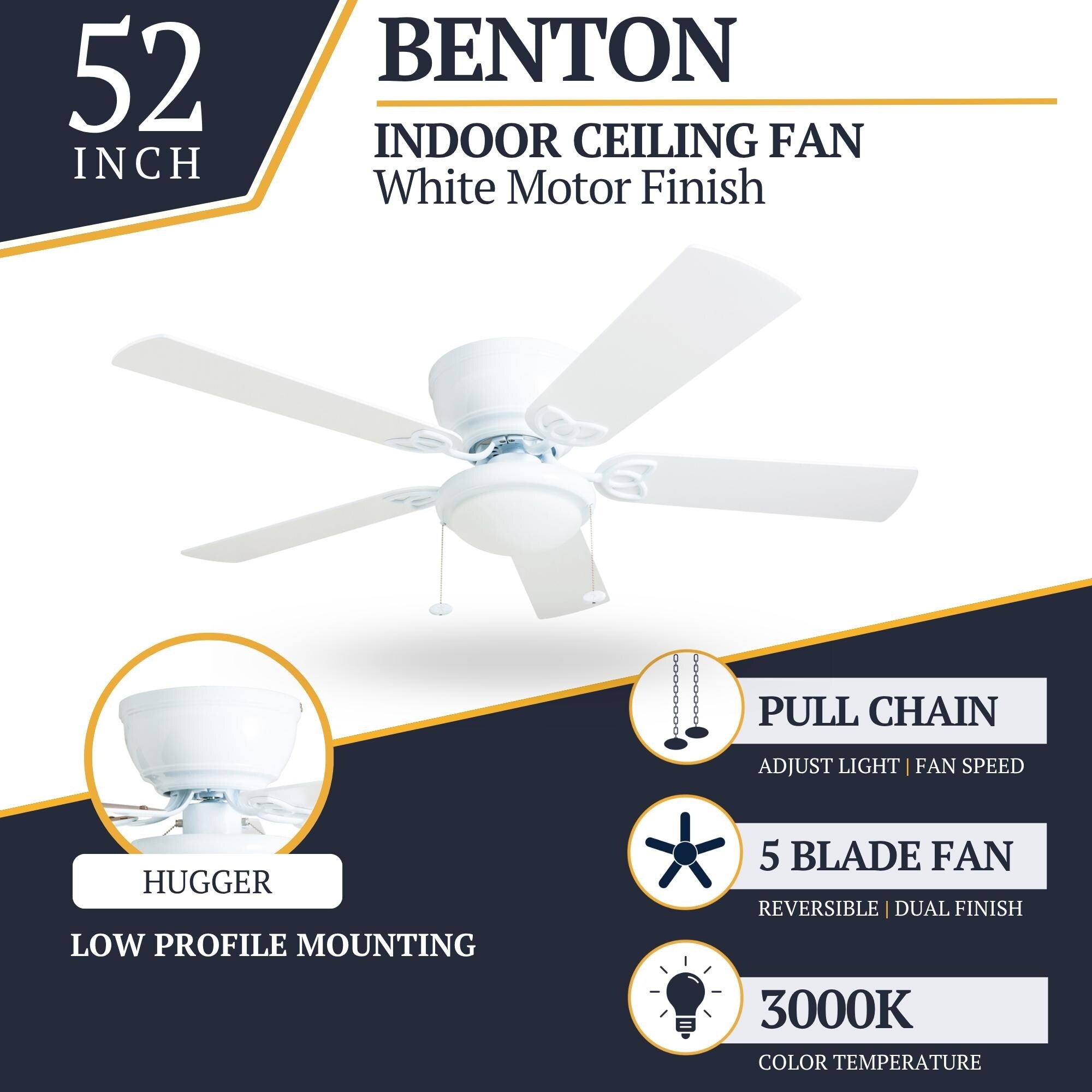 52 Prominence Home Benton Traditional Indoor LED Ceiling Fan with Light, Pull Chains