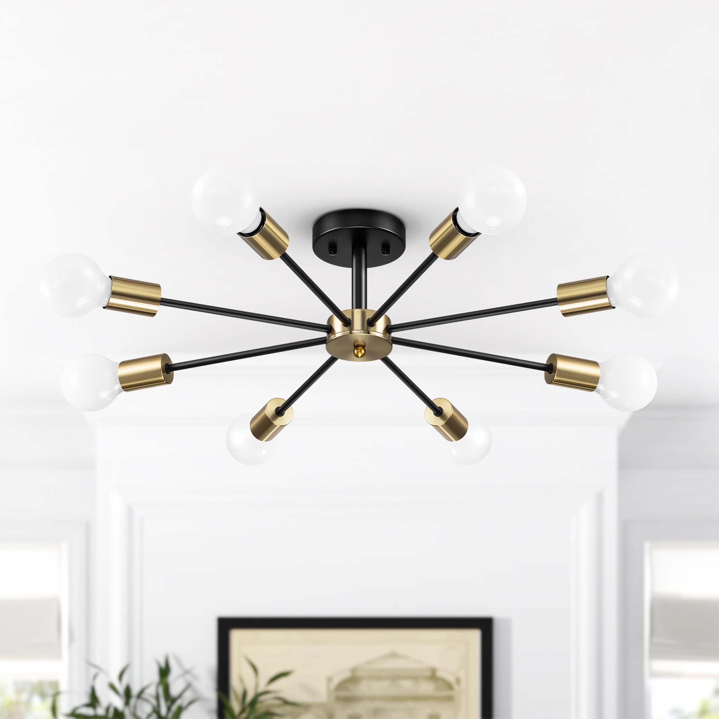 Black/ Gold Sputnik Semi Flush Mount Lamp Close to Ceiling Light Fixture for Living Room/ Kitchen/ Office/ Bedroom/ Foyer
