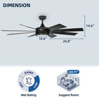 Ventilateur de plafond Moasis noir mat de 60 po à 8 pales avec éclairage LED et télécommande - 60