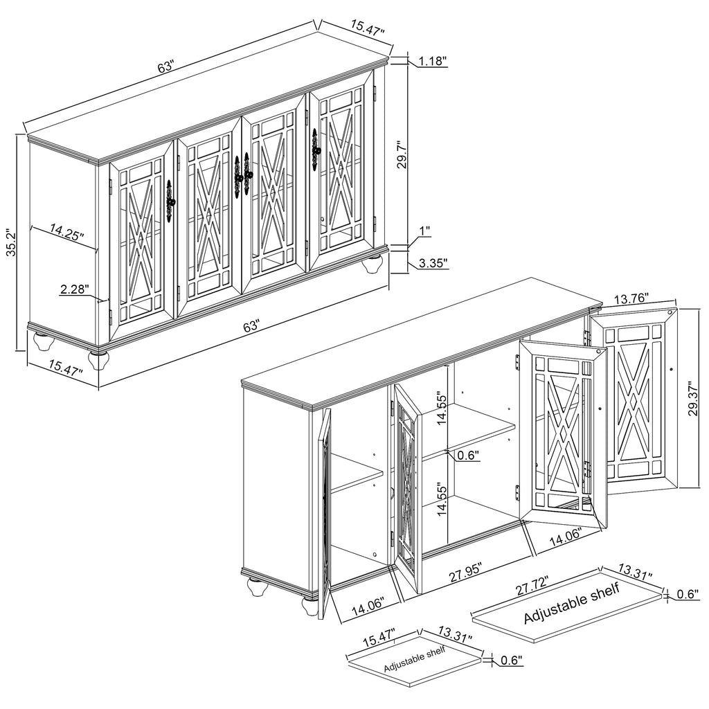 Buffet d'appoint de cuisine en bois de style vintage de 63 po de largeur