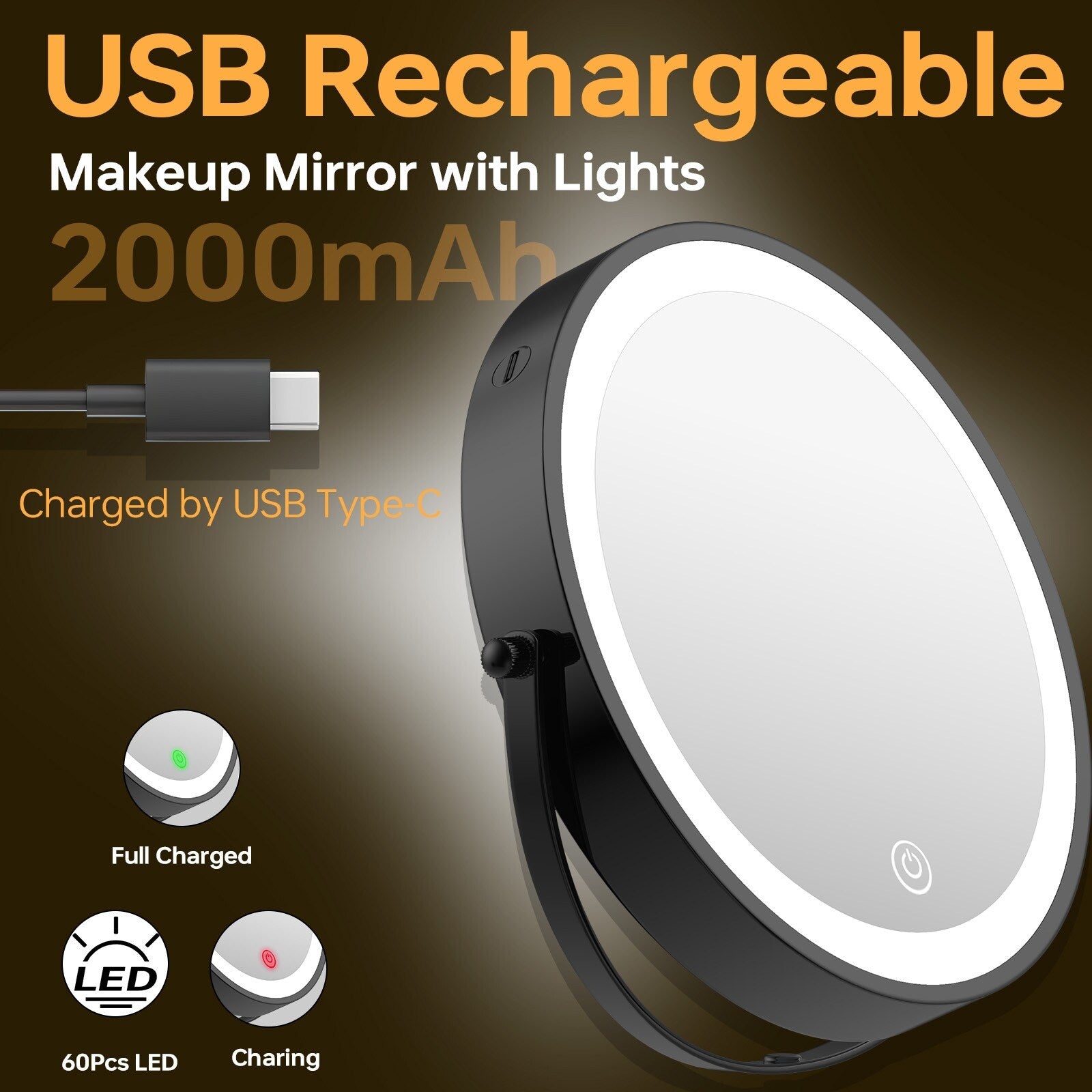 8 Round Wall Mount Bathroom Makeup Mirror, Rechargeable, Magnification 1x/10x, 3 Color Lights