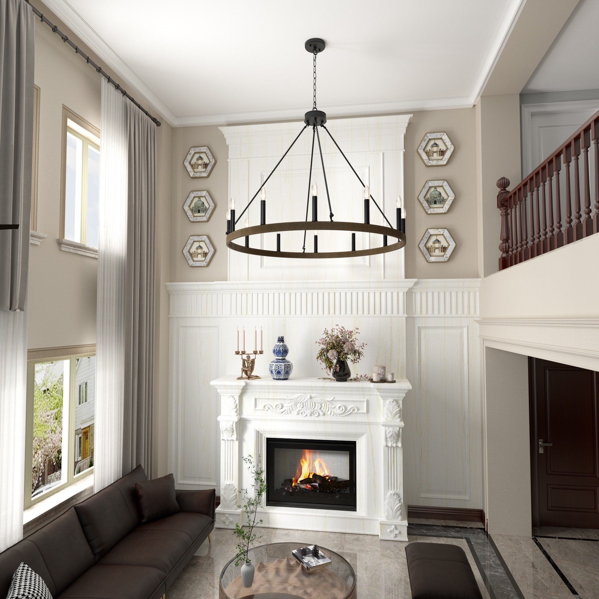 Lustre Acroma Farmhouse à 12 lumières, 40 po, en forme de roue de chariot, certifié UL - 40 po P x 138 po H