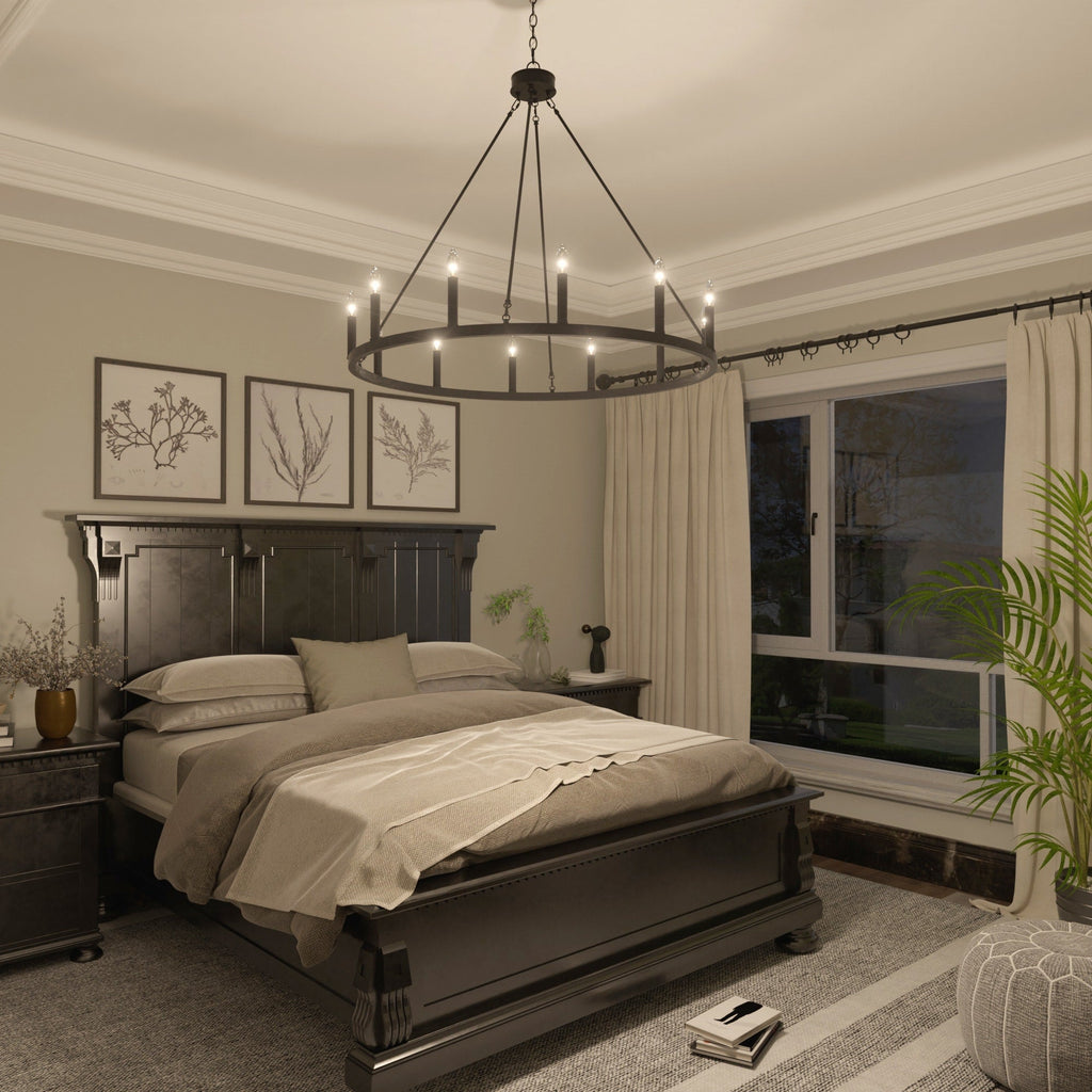 Lustre Acroma Farmhouse à 12 lumières, 40 po, en forme de roue de chariot, certifié UL - 40 po P x 138 po H