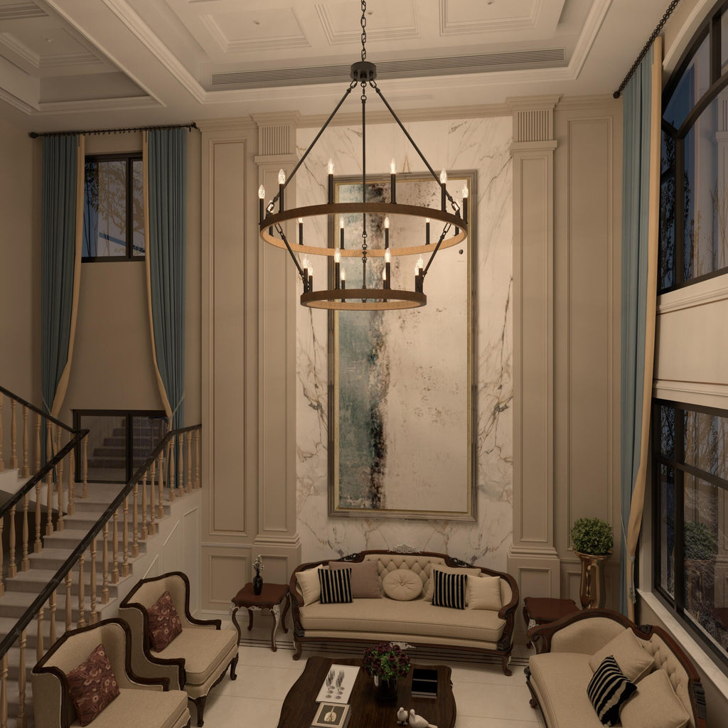 Lustre rond en forme de roue de chariot de style ferme moderne Acroma à 20 lumières de 40 po avec UL