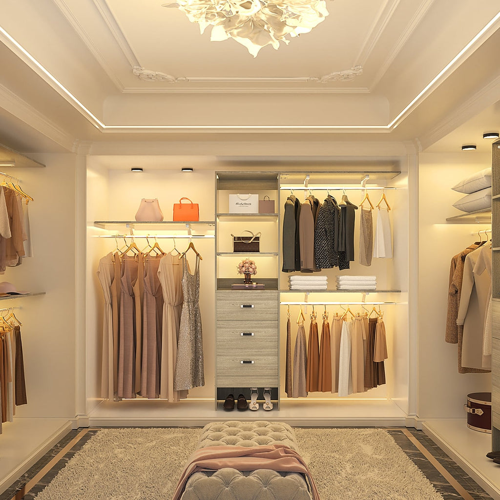 Rackcog Organiseur de placard réglable de 120 pouces avec tiroirs, système de placard avec étagères de bricolage pour placards et dressings