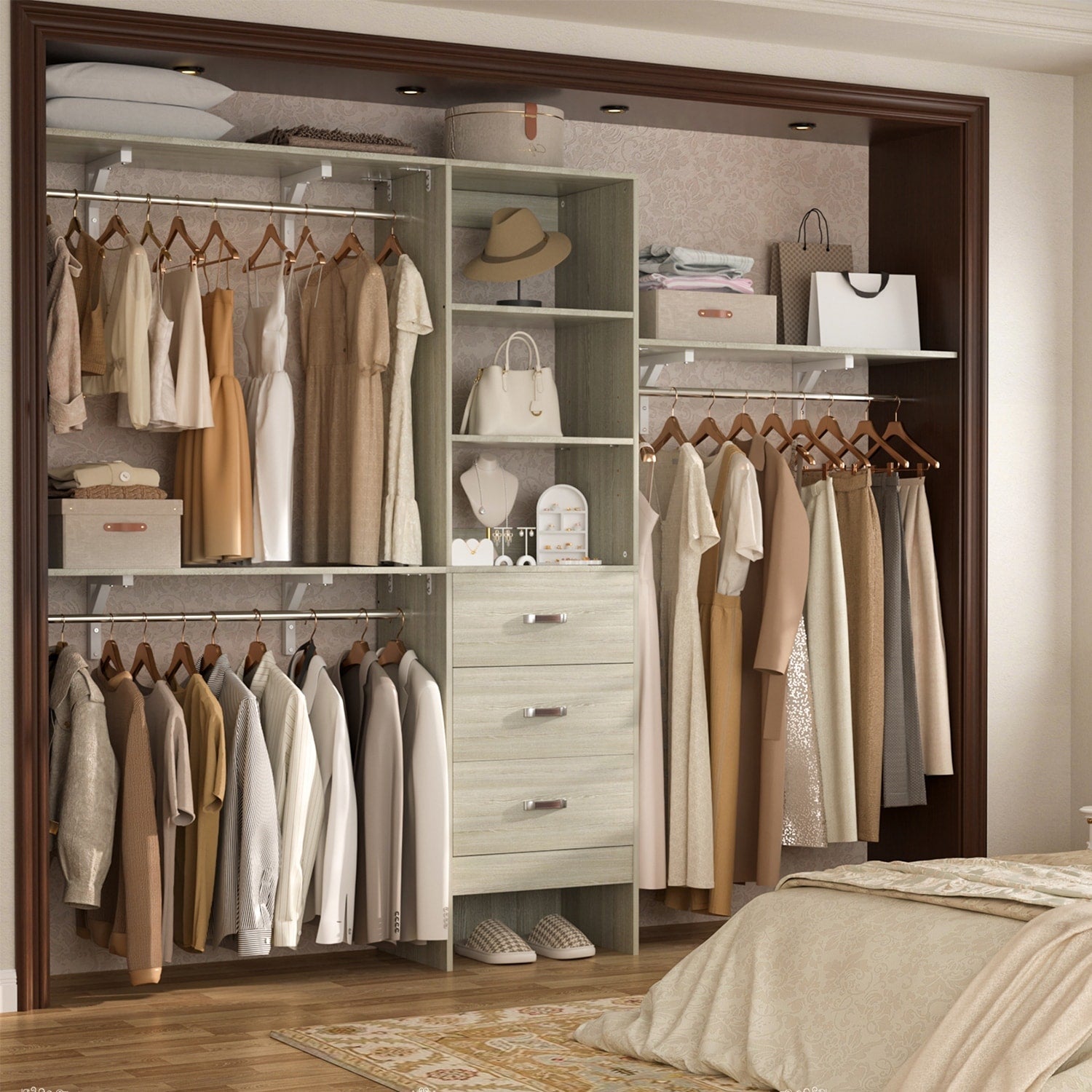 Rackcog Organiseur de placard réglable de 120 pouces avec tiroirs, système de placard avec étagères de bricolage pour placards et dressings