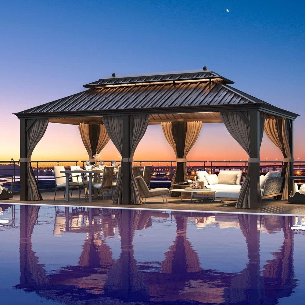 Tonnelle à toit rigide Erommy avec cadre en aluminium et double toit, tonnelle extérieure permanente avec rideaux et filets pour patio et arrière-cour