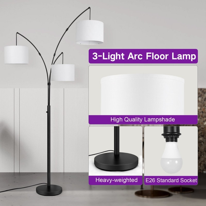 Lampadaire LED Arc à intensité variable, moderne, noir, 3 lampes, haut et arqué