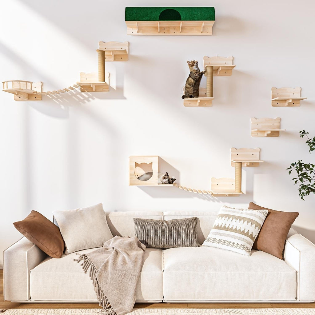 BOSSIN 9/16/18-Piece Pine Cat Wall Climbing System - Wall-Mounted Shelves Set with Cat Bed, Scratching Post & Tunnel