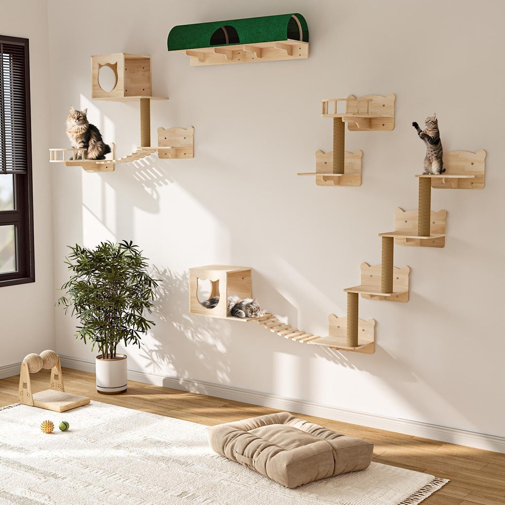 BOSSIN 9/16/18-Piece Pine Cat Wall Climbing System - Wall-Mounted Shelves Set with Cat Bed, Scratching Post & Tunnel